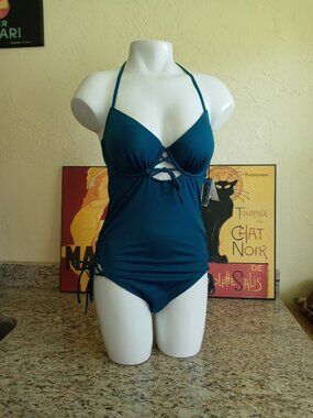 Shade & Shore One Piece Swimsuit Lace Up Sides Teal Blue 36B
